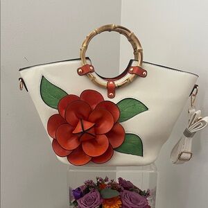 Floral White and Orange Handbag with Bamboo Handle